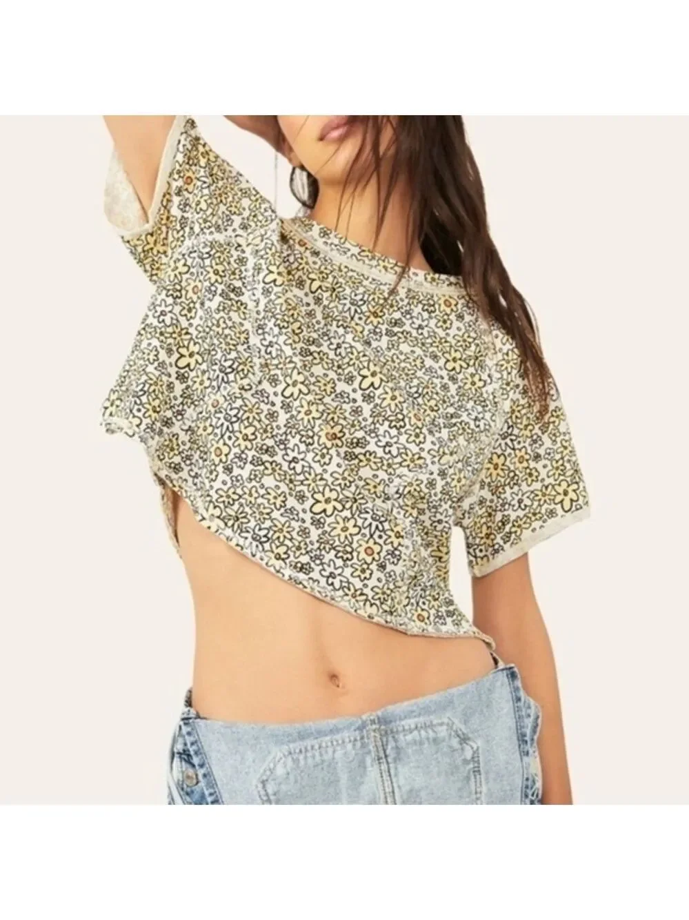 FREE PEOPLE NWT Sammie Stripe Cropped Short Raglan Sleeve Printed COTTON Tee/LG